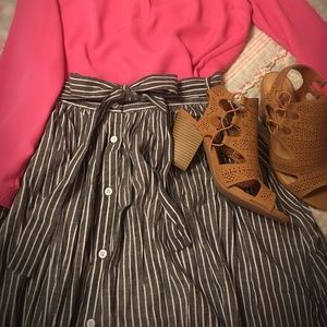 •High-waisted Dark Denim Striped Skirt•
